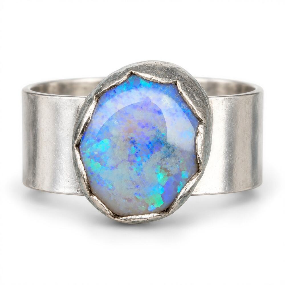 Natural Australian Lightning Ridge Crystal Opal Sterling Silver Ring Size 8-